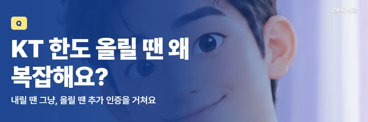 「KT 한도 올릴 땐 왜 복잡해요?」 글과 함께 신분 카드를 든 남성이 KT 한도를 올리기 전 본인 확인을 떠올리는 모습