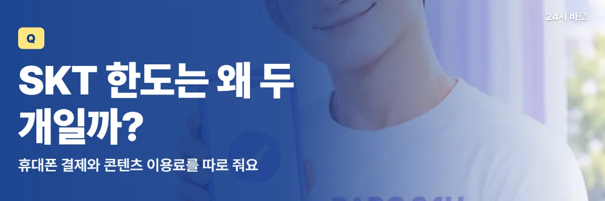 「SKT 한도는 왜 두 개일까?」 글과 함께 체크 화면 휴대폰을 보여 주는 남성이 T world 한도 두 칸을 짚는 모습